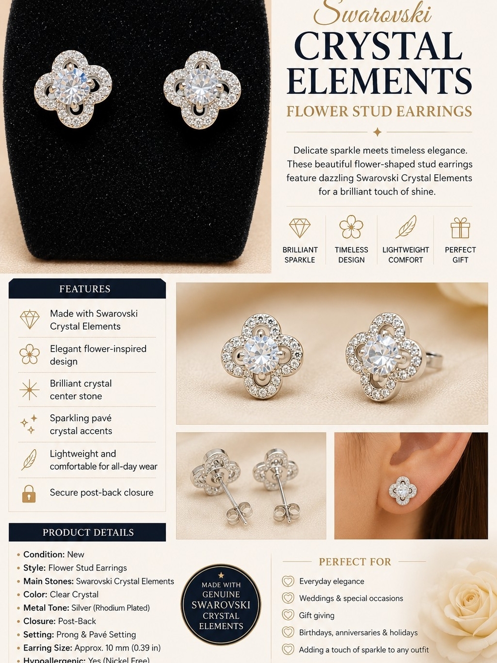 Crystal Flower Stud Earrings — Clear Silver-Tone